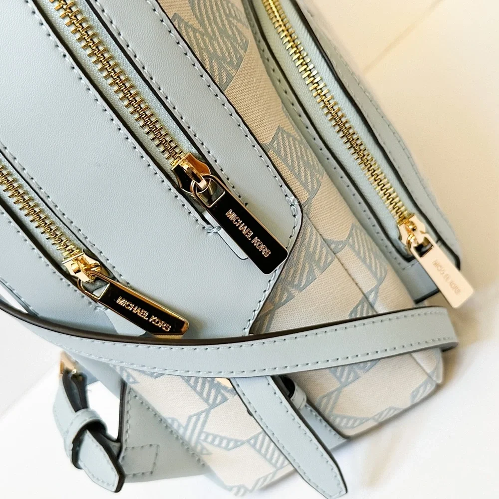 Michael Kors JAYCEE Medium Zip Pocket Backpack Graphic Logo MK Beige Blue